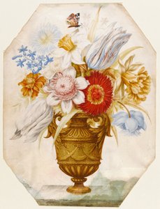 Stillleben von Blumen in einer Vase, die auf einem Sims steht, mit einem Schmetterling, der auf Narzissen ruht